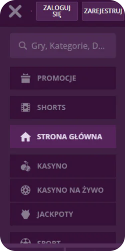 Menu aplikacji Malina Casino